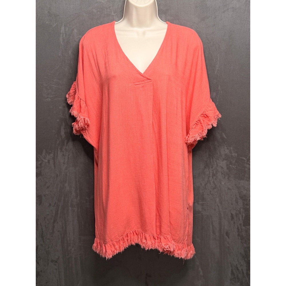 Umgee Tunic Top Women Large Coral Pink Boho Frayed Fringe V-Neck Short Sleeve